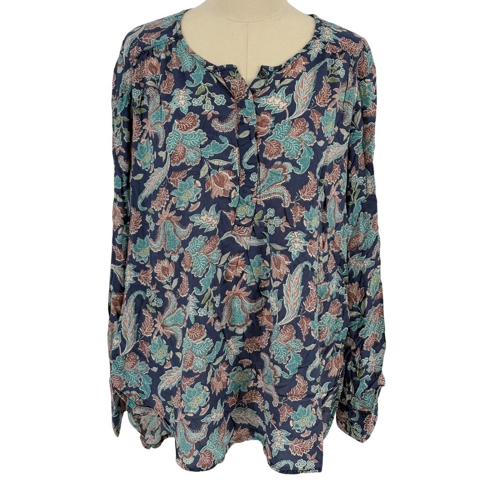 Nine West Jeans Lucy Blouse Navy Paisley Floral Long‎ Sleeve XXL
